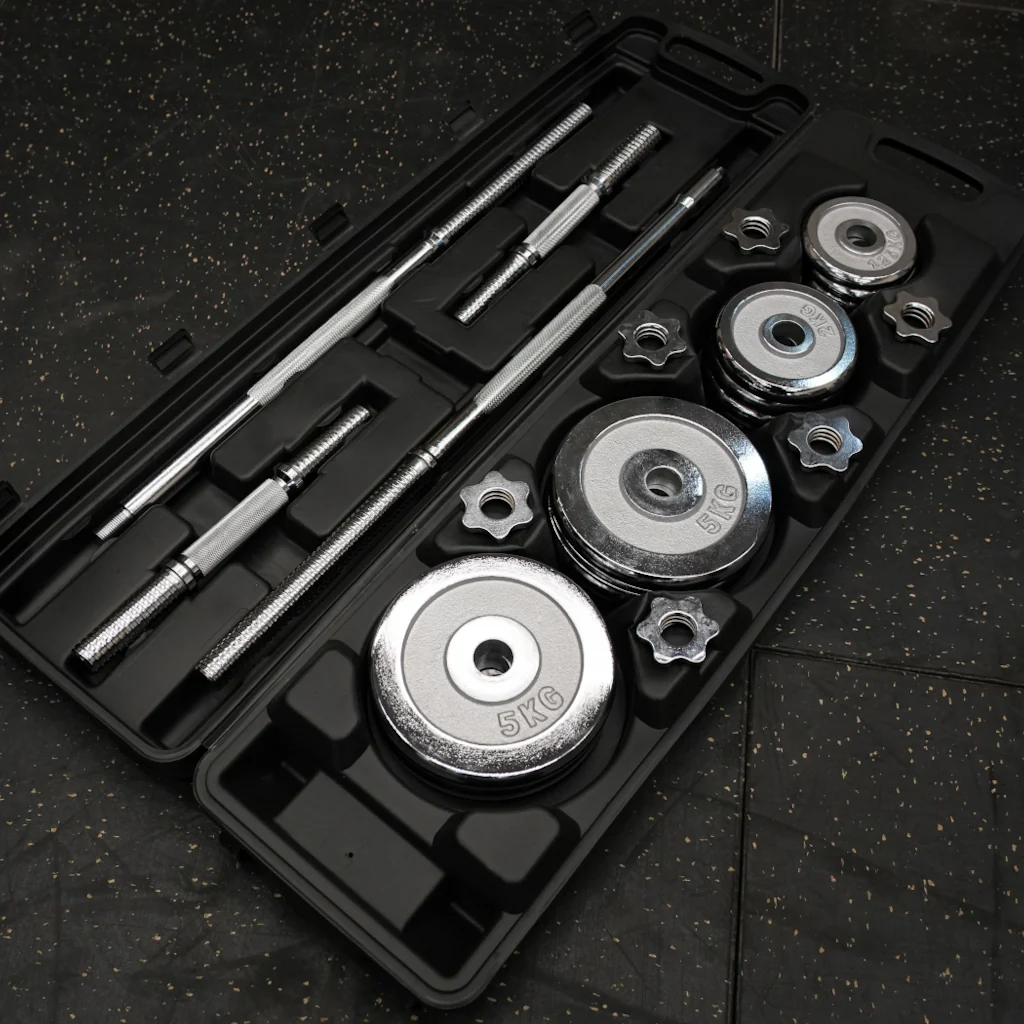 Set de barra + mancuernas cromadas 50 kg