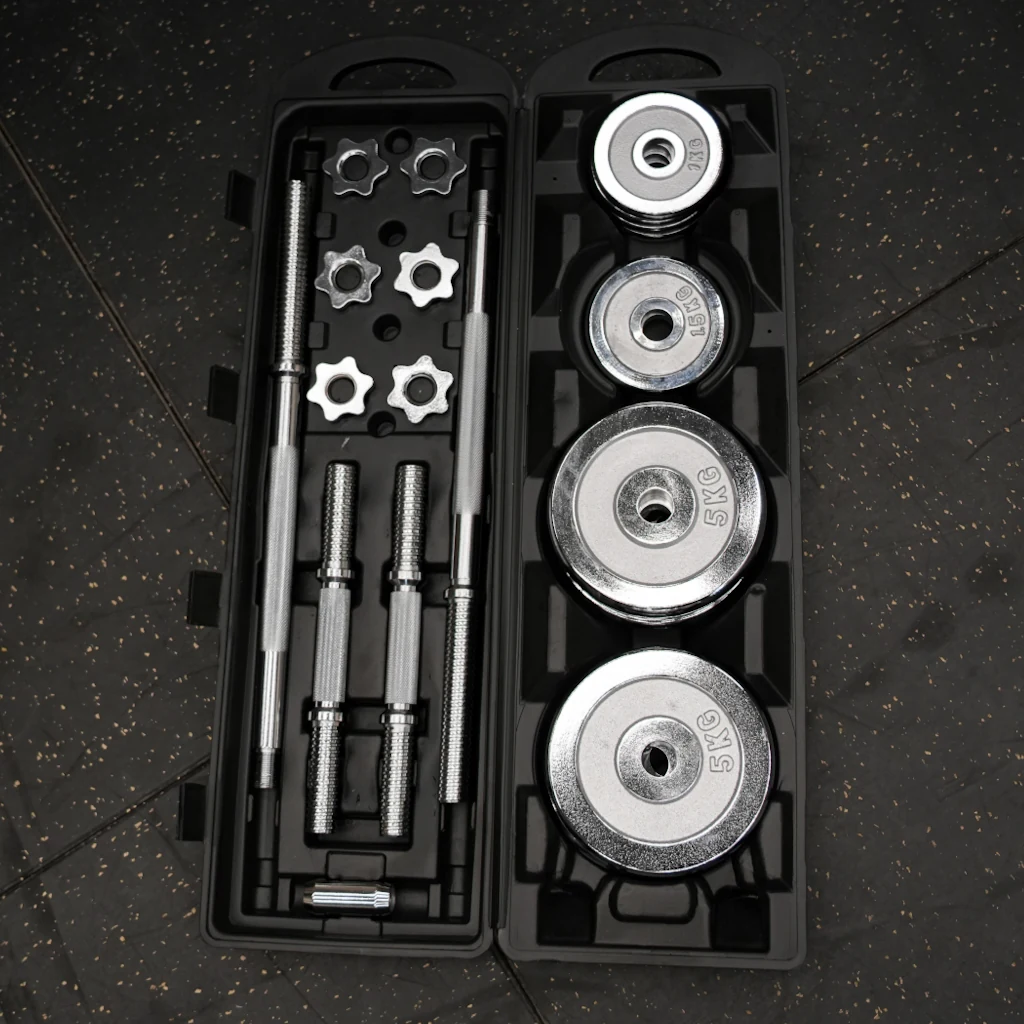 Set de barra + mancuernas cromadas 40 kg